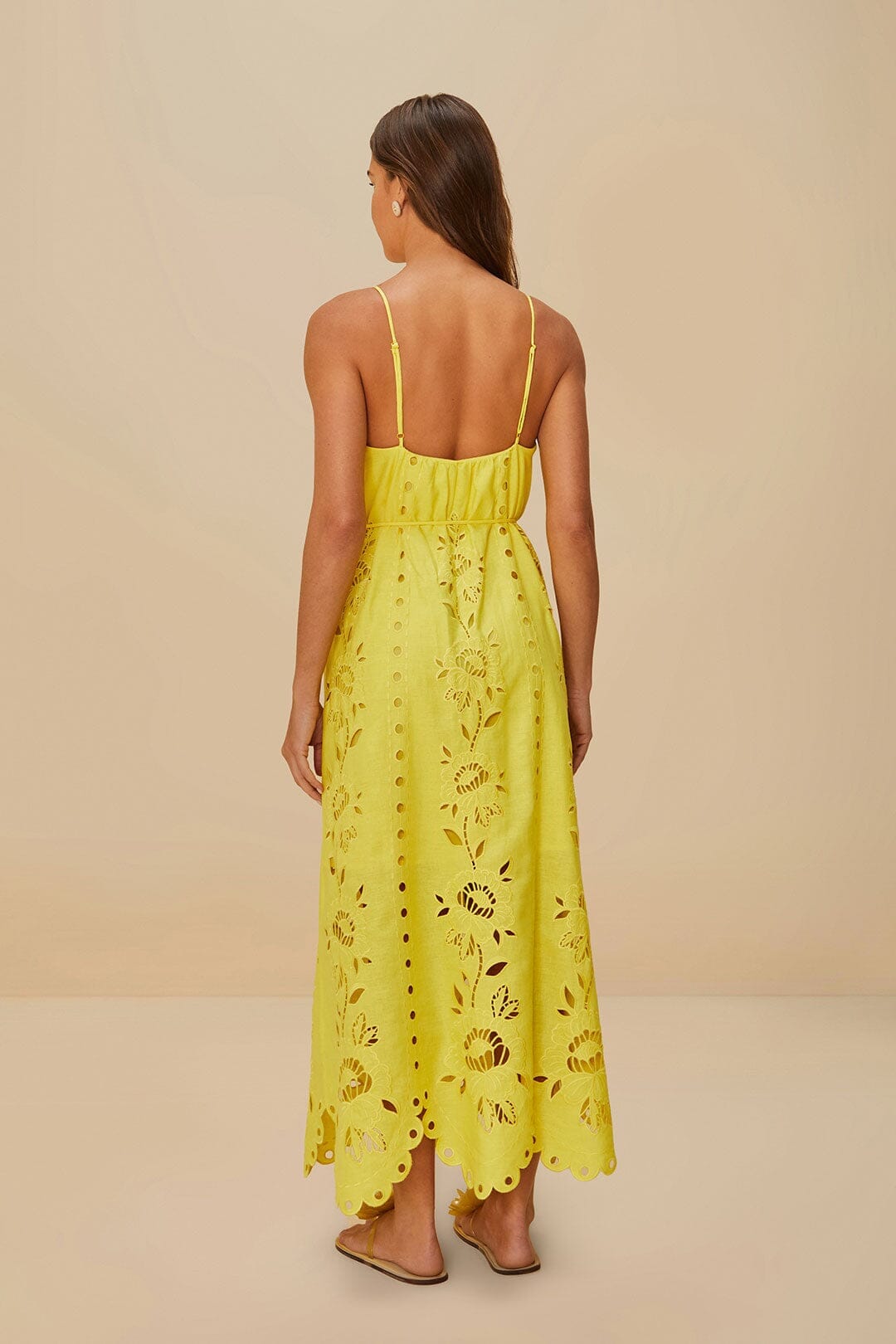 Robe longue Richelieu à bretelles en lin - Jaune