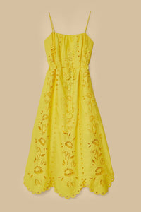 Robe longue Richelieu à bretelles en lin - Jaune
