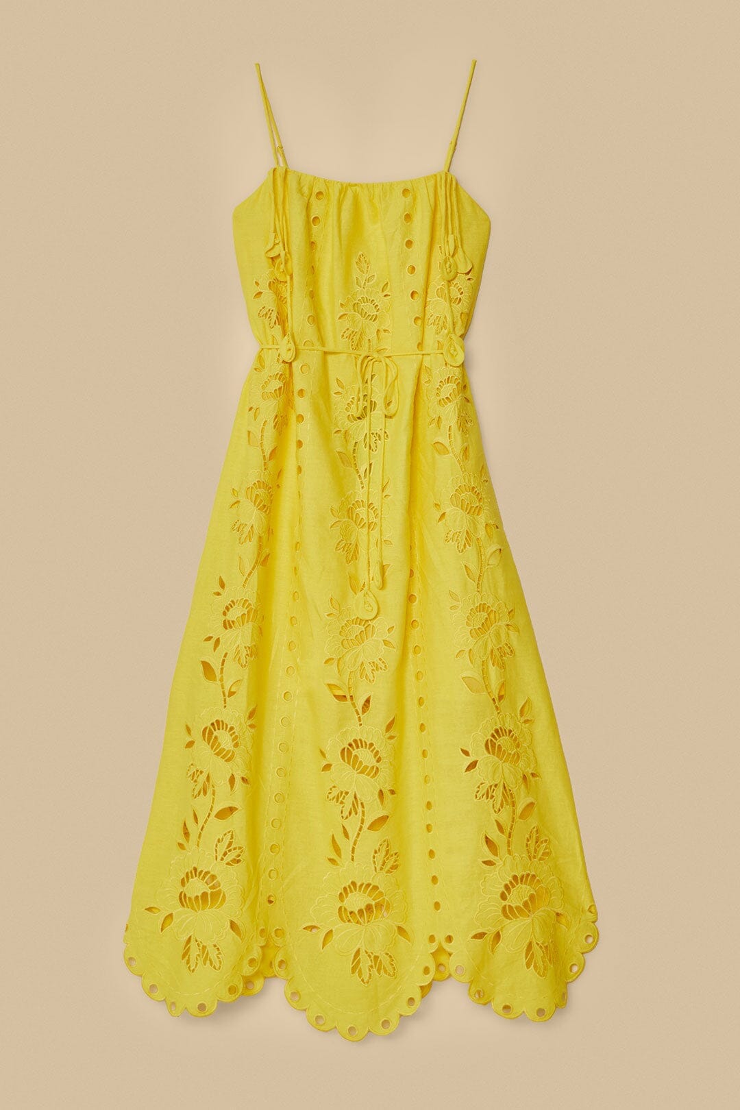 Robe longue Richelieu à bretelles en lin - Jaune