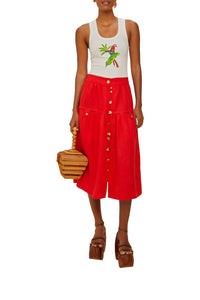 Multi-button midi skirt in linen - Red