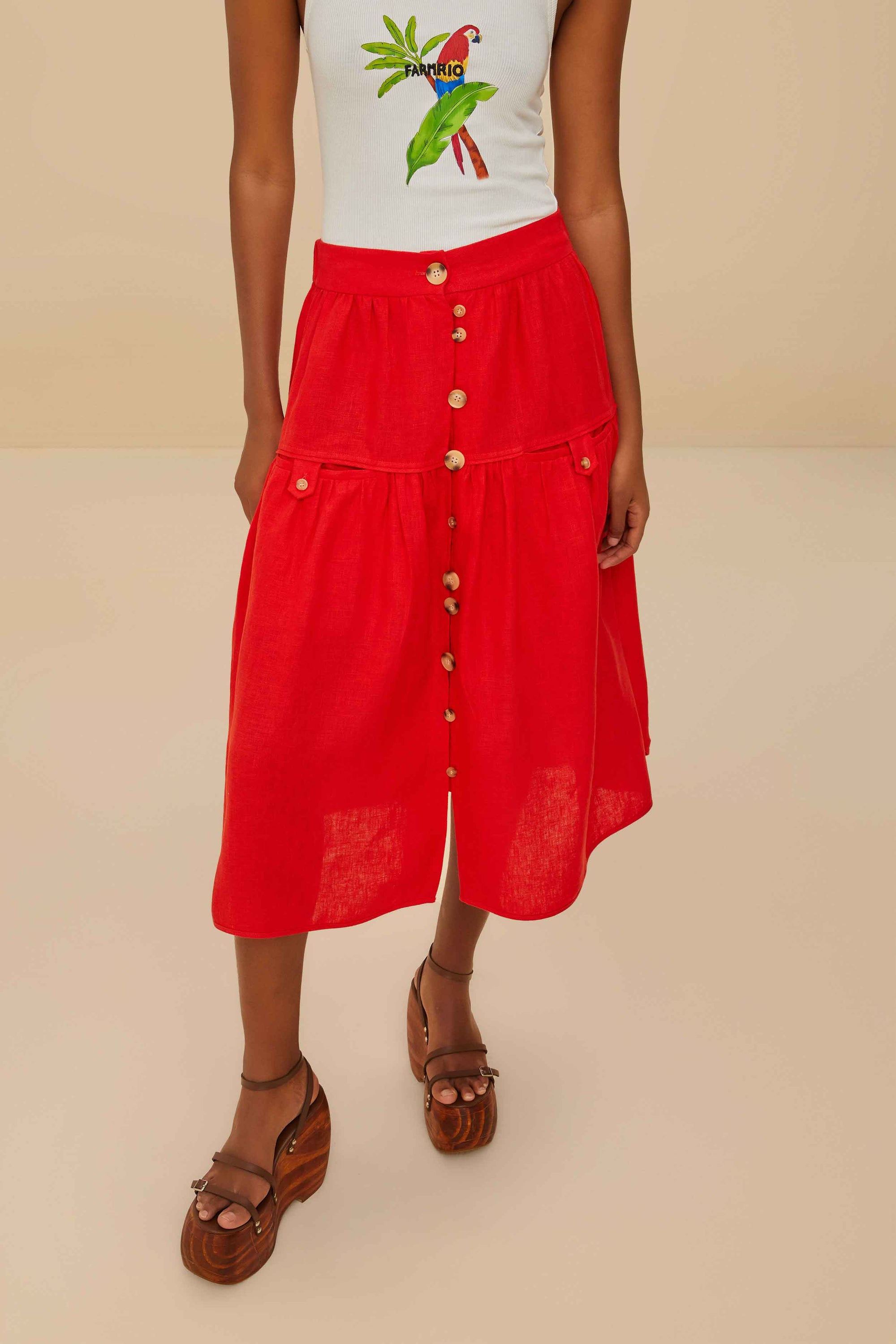 Multi-button midi skirt in linen - Red