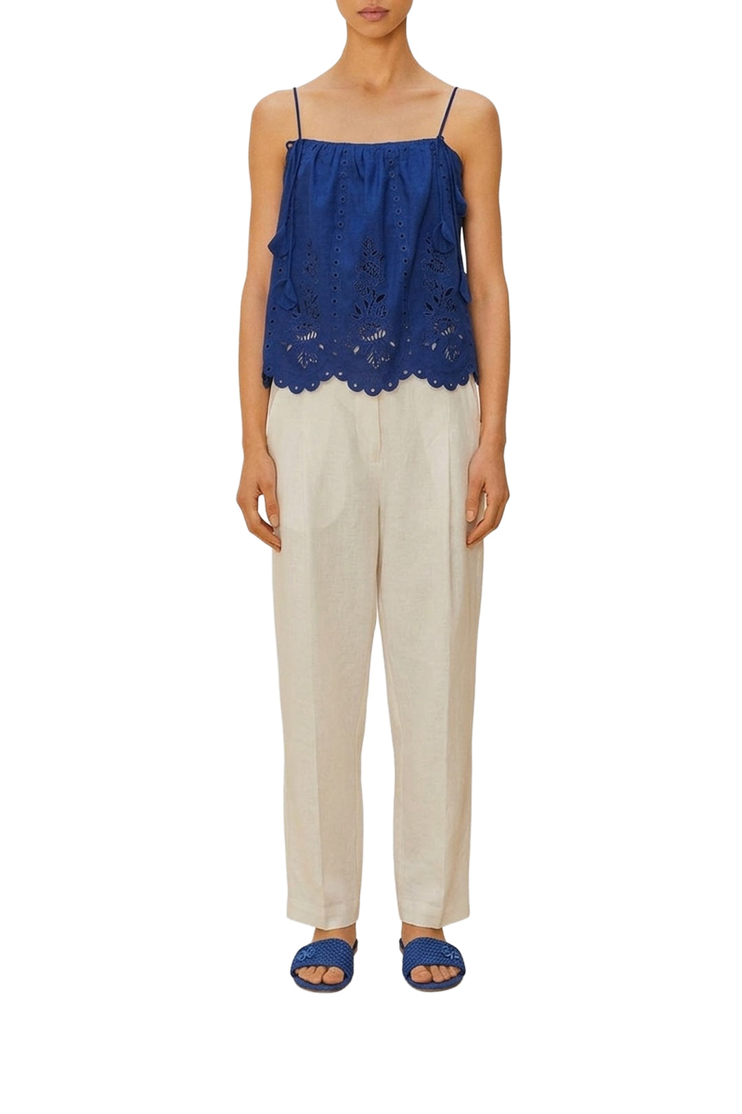 Blouse Richelieu sans manches en lin - Bleu