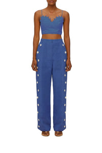 Pantalon taille haute Wavy Buttoning en lin - Bleu