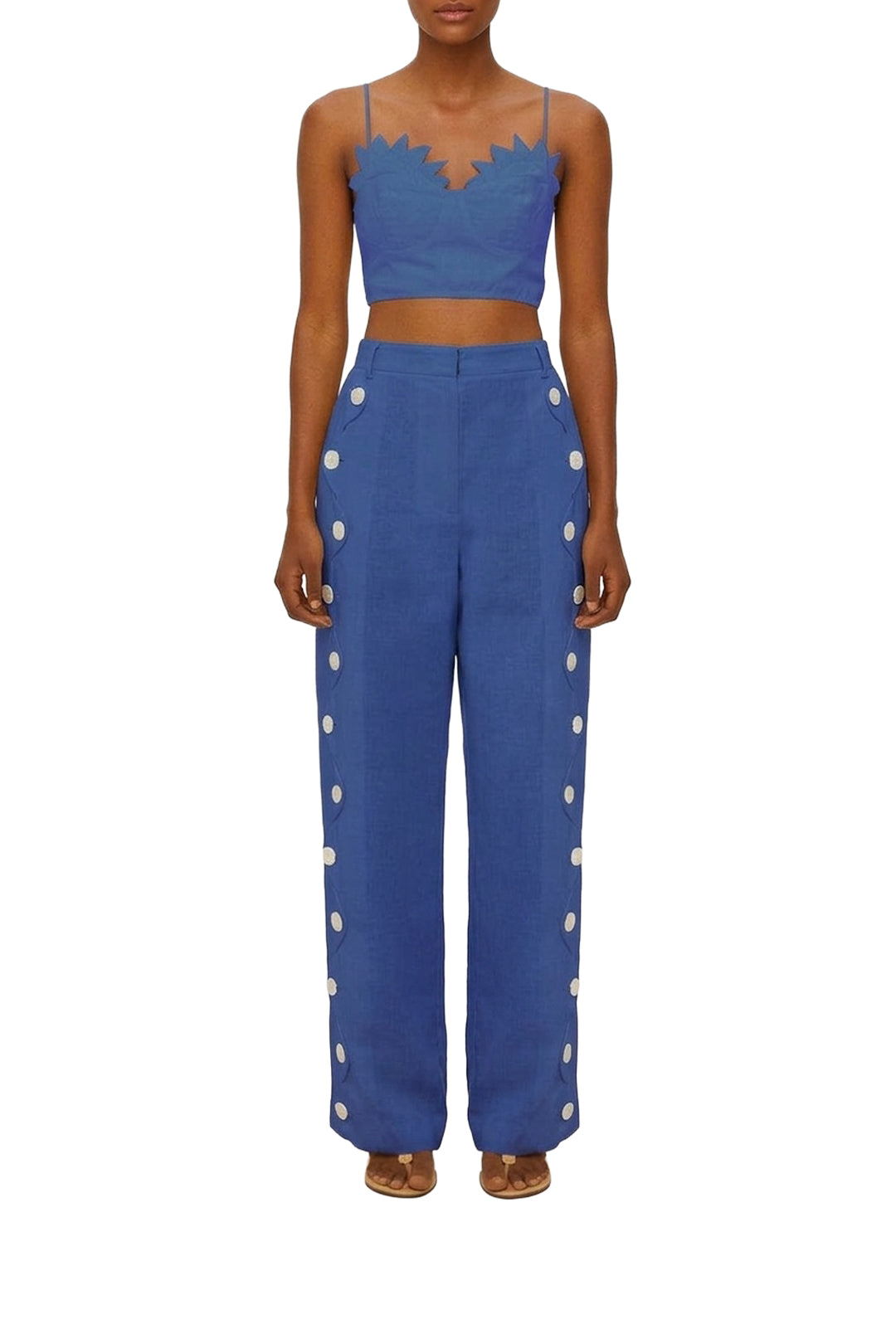 Pantalon taille haute Wavy Buttoning en lin - Bleu