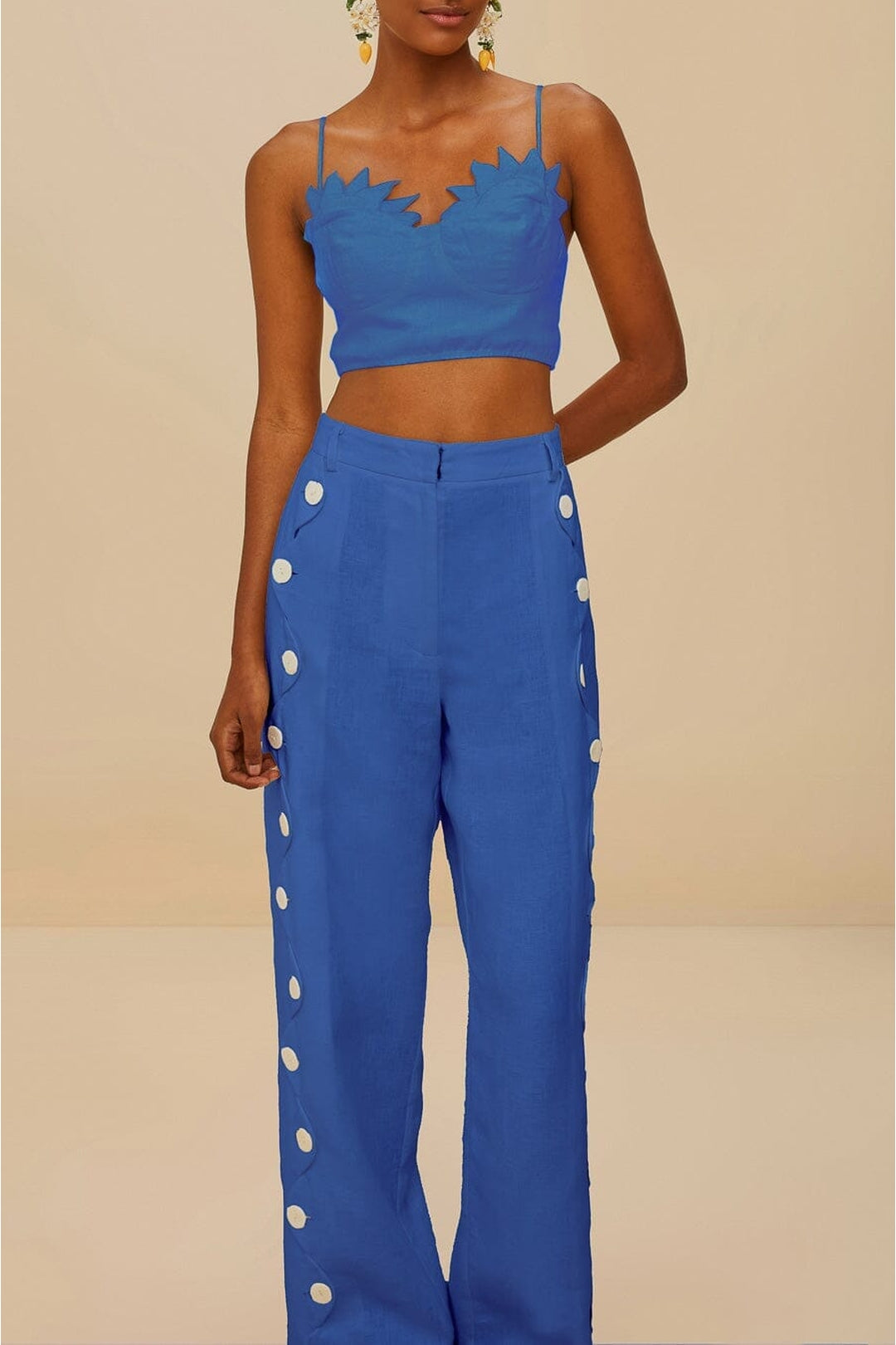Pantalon taille haute Wavy Buttoning en lin - Bleu