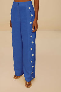 Pantalon taille haute Wavy Buttoning en lin - Bleu