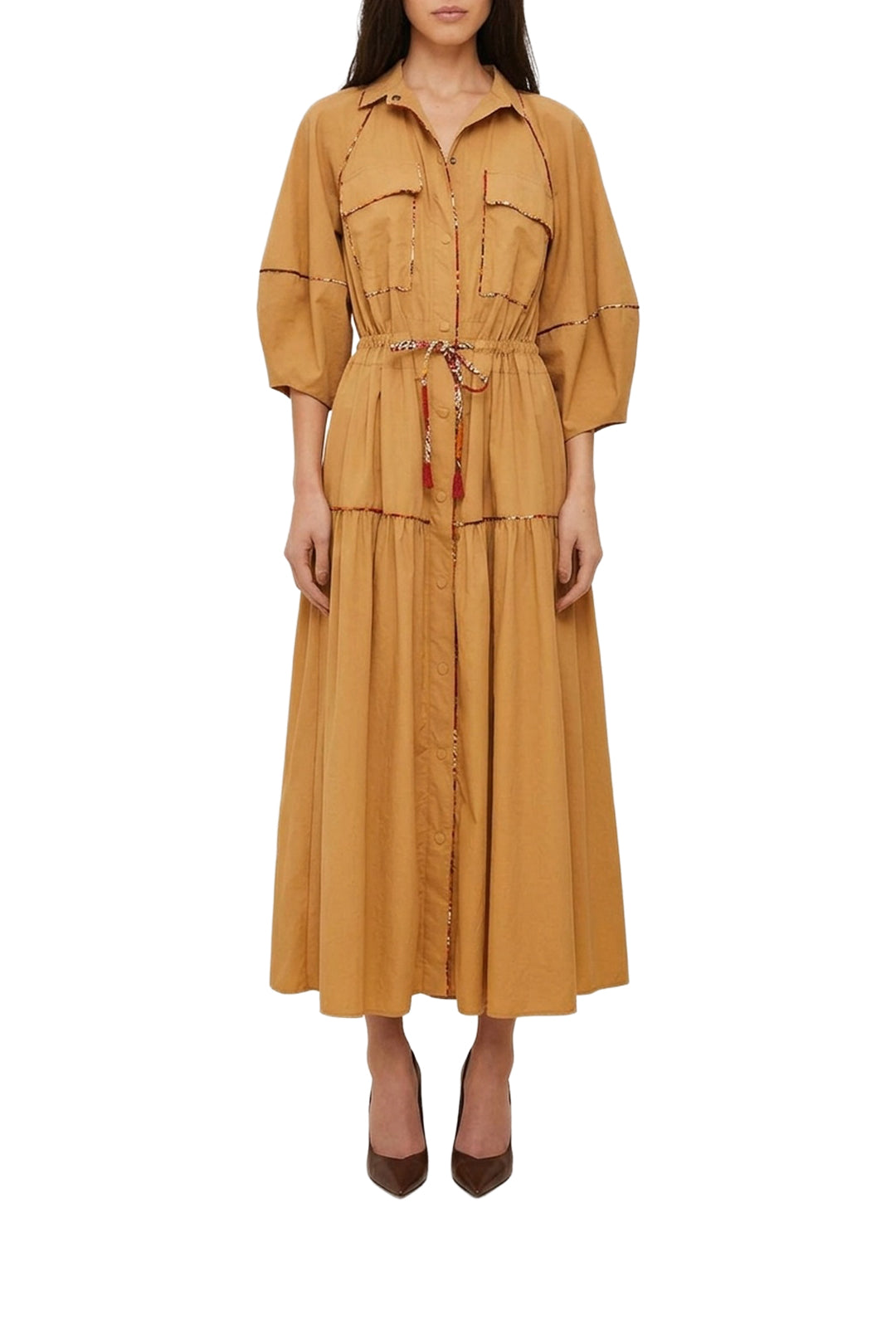 Robe longue chemise ceinturée - Camel