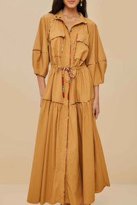 Robe longue chemise ceinturée - Camel