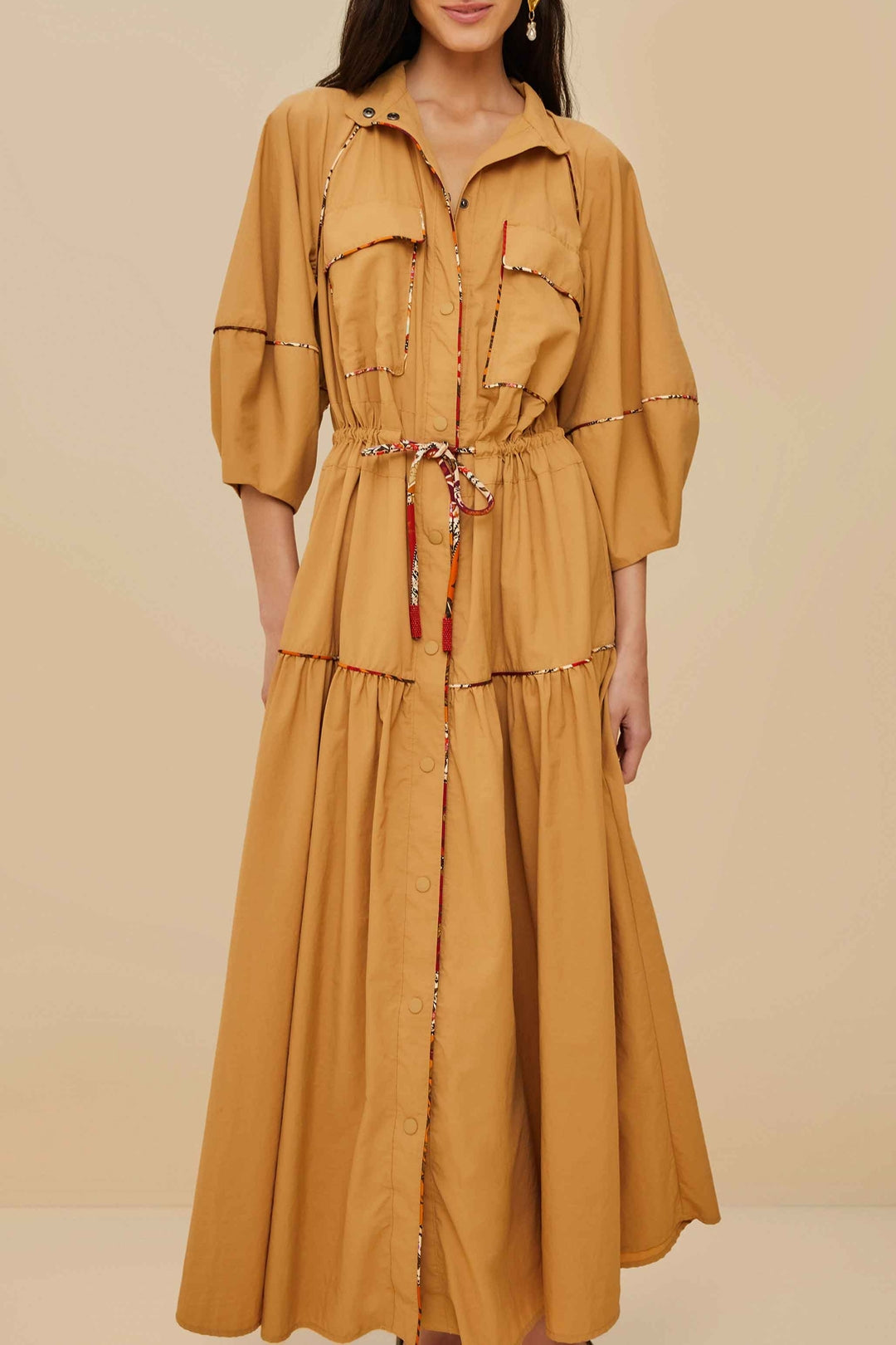 Robe longue chemise ceinturée - Camel