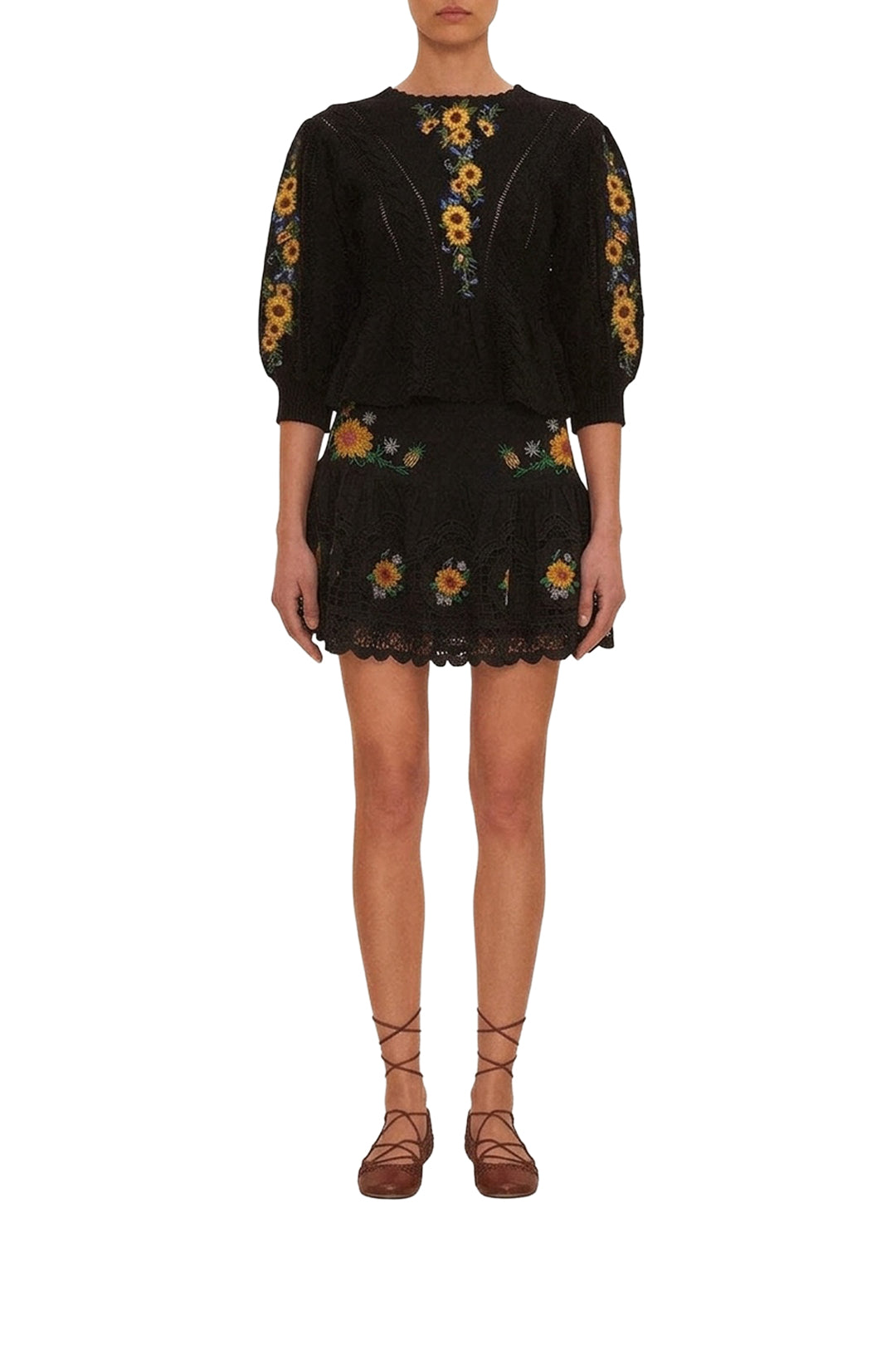 Blouse à fleurs brodées en coton - Noir