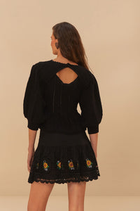 Blouse à fleurs brodées en coton - Noir