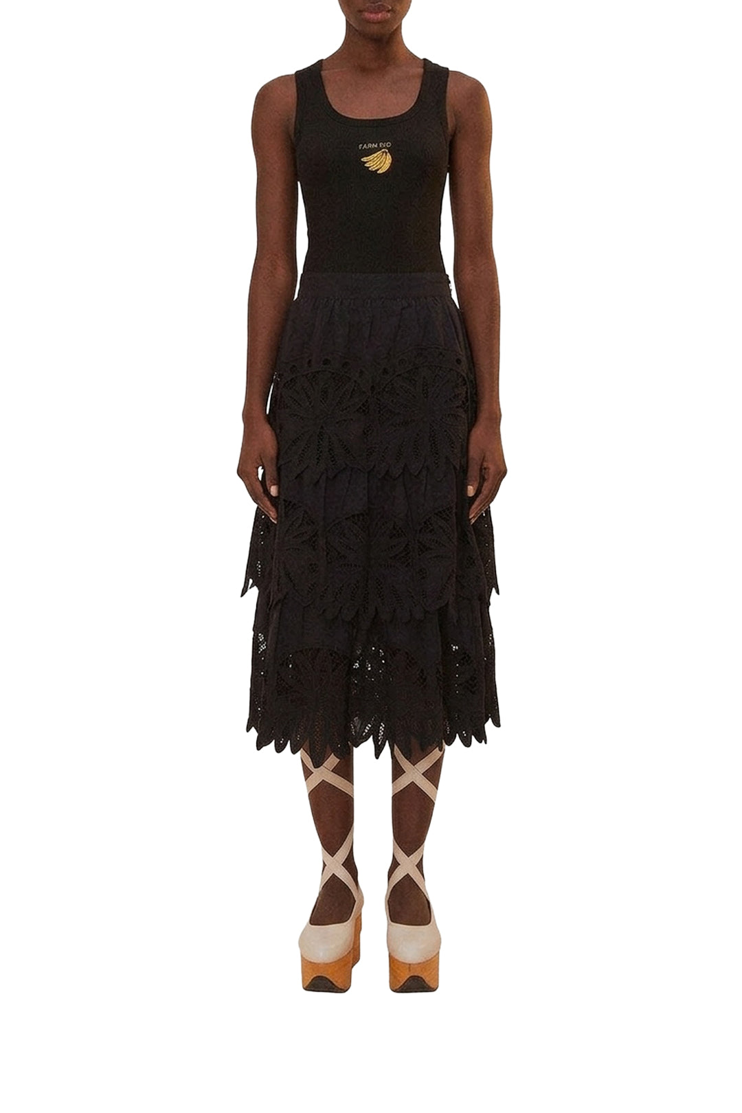 Jupe midi Daisy brodée en coton - Noir