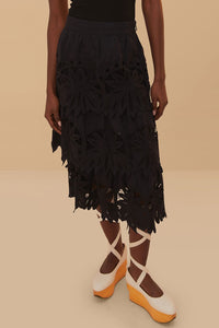 Jupe midi Daisy brodée en coton - Noir