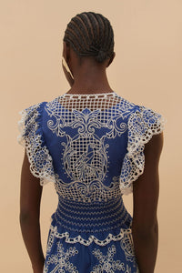 Robe longue Romantic Richelieu en lin - Bleu
