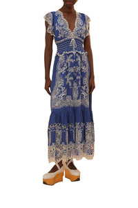 Robe longue Romantic Richelieu en lin - Bleu