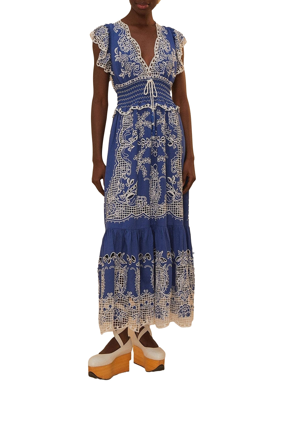Robe longue Romantic Richelieu en lin - Bleu