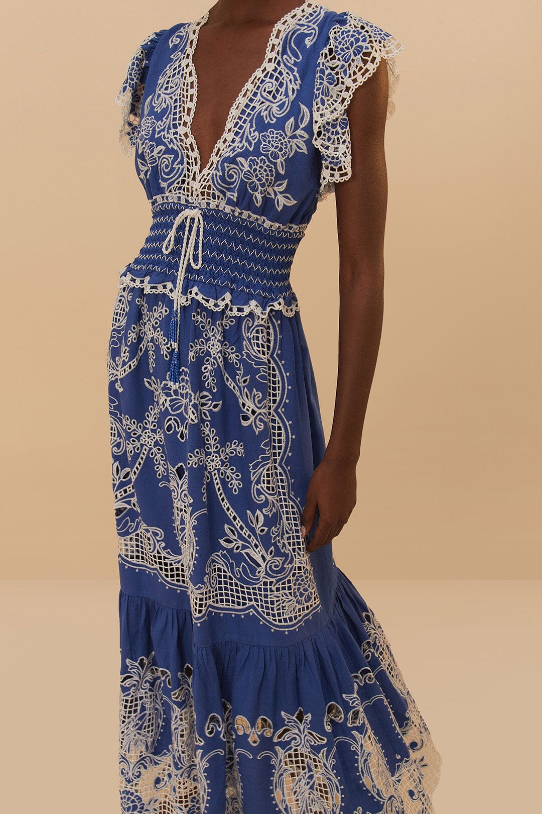 Robe longue Romantic Richelieu en lin - Bleu