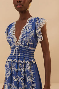 Robe longue Romantic Richelieu en lin - Bleu