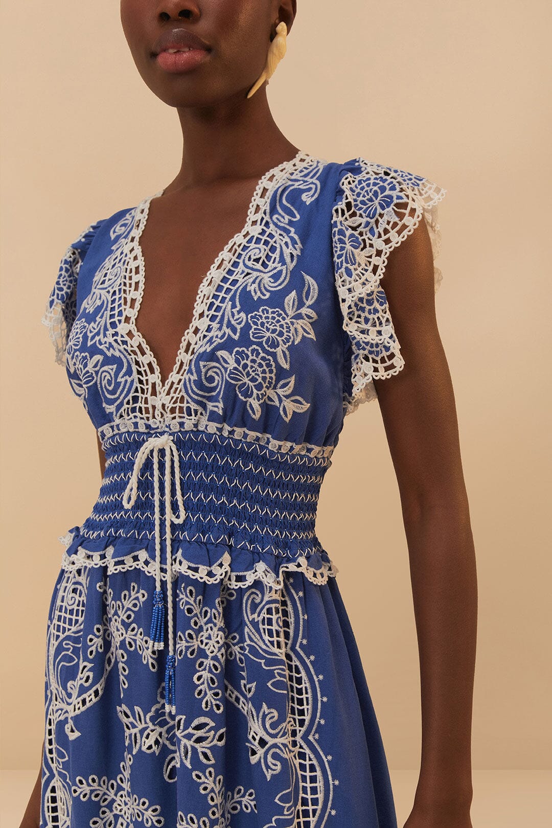 Robe longue Romantic Richelieu en lin - Bleu