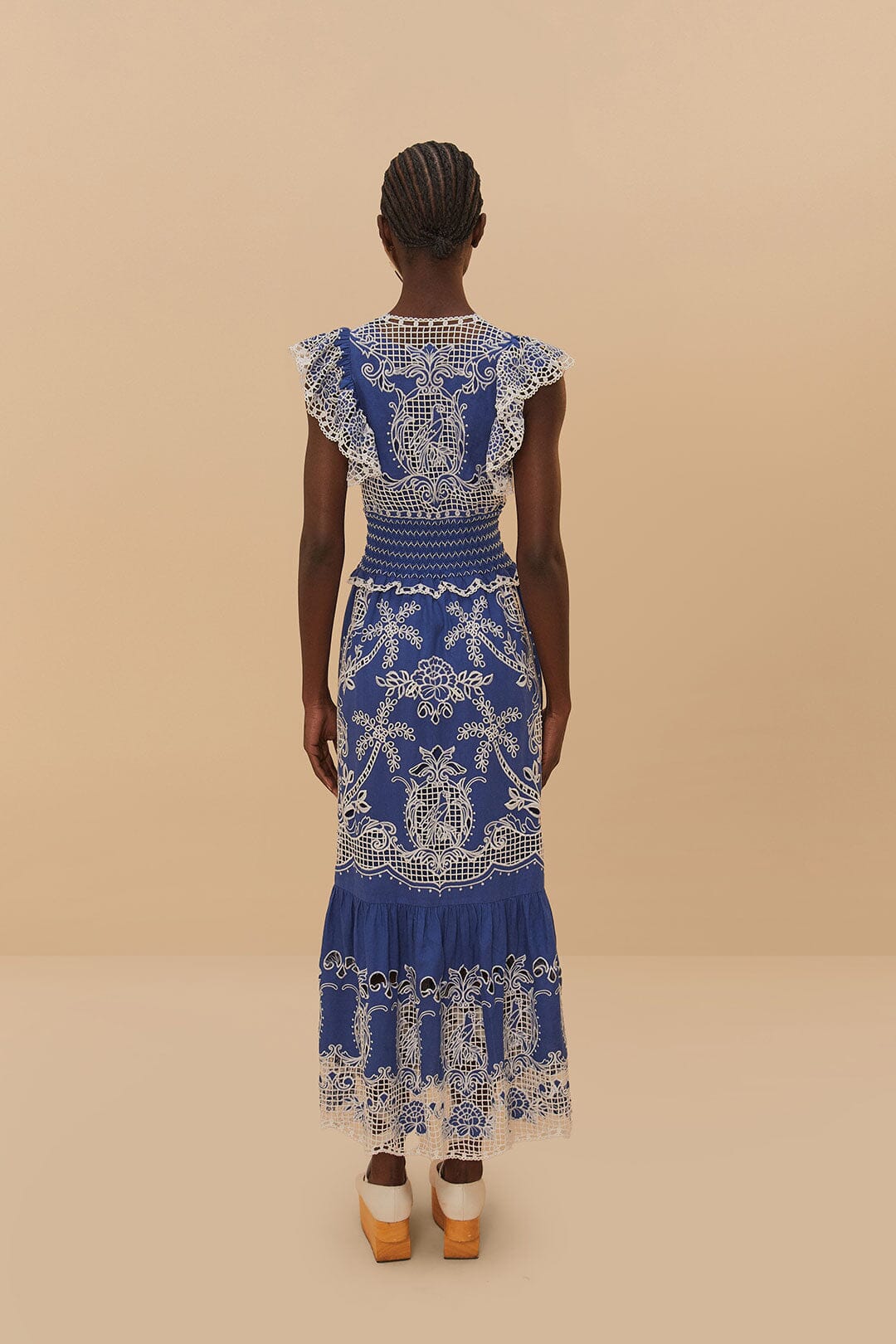 Robe longue Romantic Richelieu en lin - Bleu