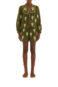 Embroidered linen blouse - Green