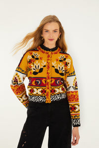 Folk Stitched Flower Mustard Cardigan - Folk Stitched Flower Mustard