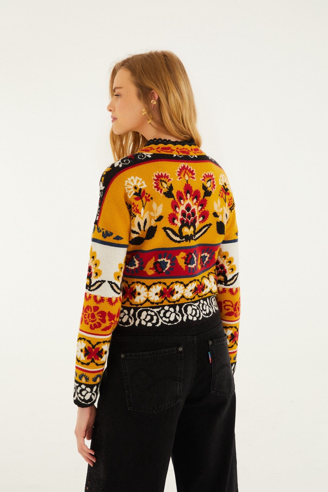 Folk Stitched Flower Mustard Cardigan - Folk Stitched Flower Mustard