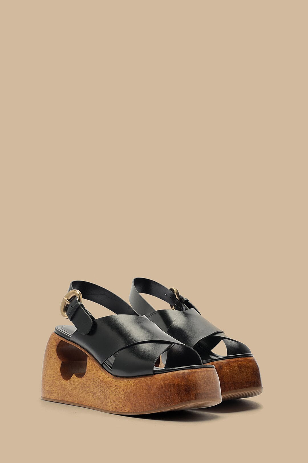 Sandales compensées croisées en cuir - Noir