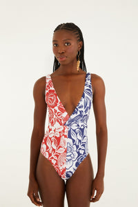 Cashew And Birds Red And Blue Maillot une pièce - Cashew And Birds Red And Blue
