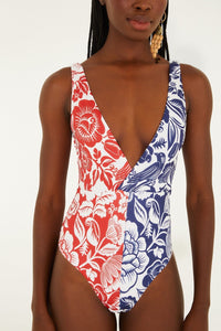 Cashew And Birds Red And Blue Maillot une pièce - Cashew And Birds Red And Blue