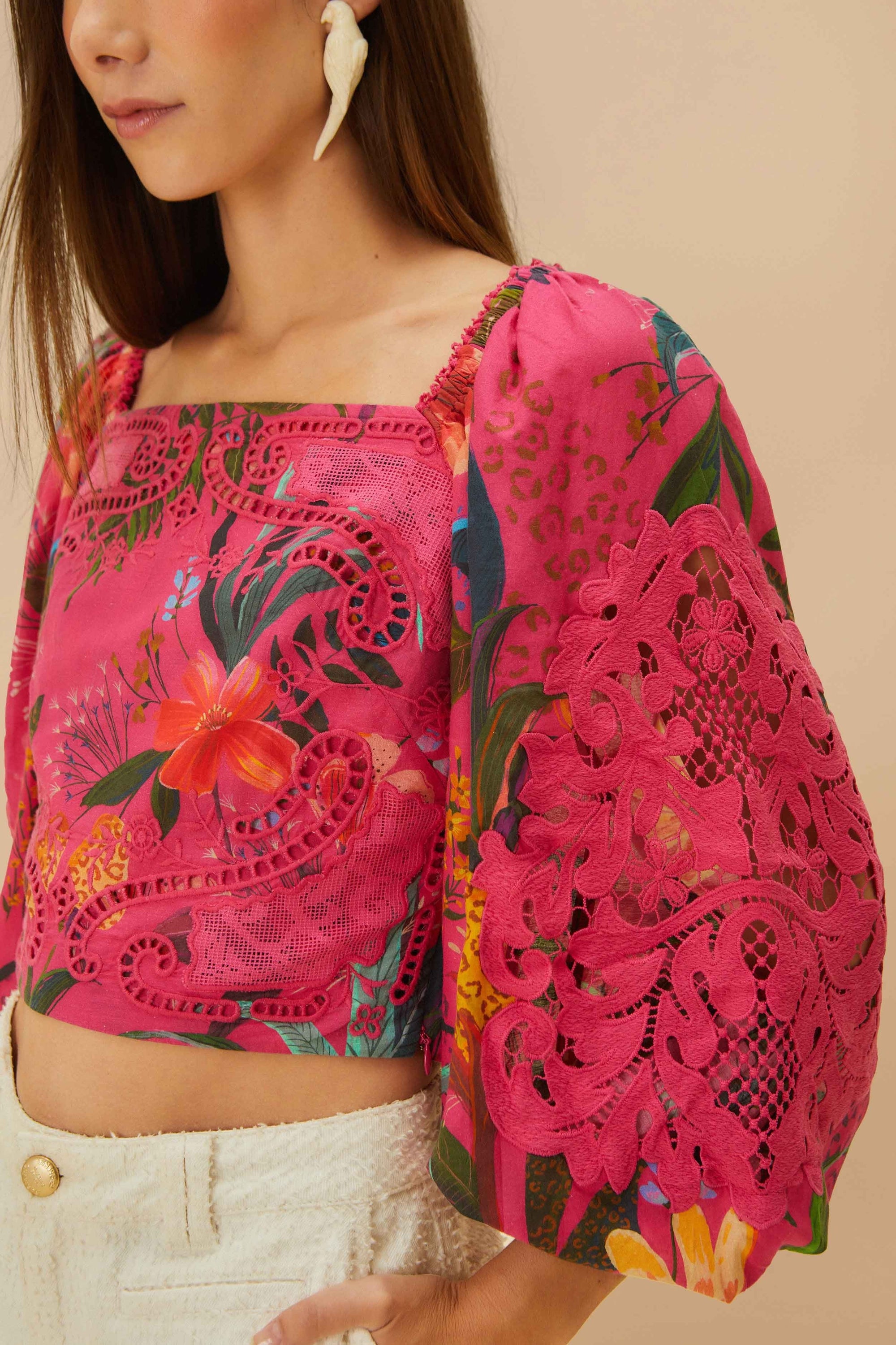 Chemisier Leopard Flowers en dentelle et coton - Rose