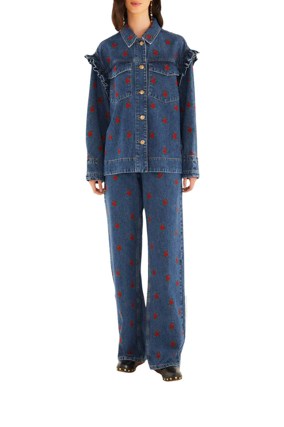 Flower embroidered denim jacket - Blue