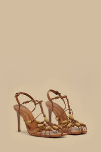 Beaded leather high-heeled sandals - Brown