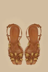 Beaded leather high-heeled sandals - Brown