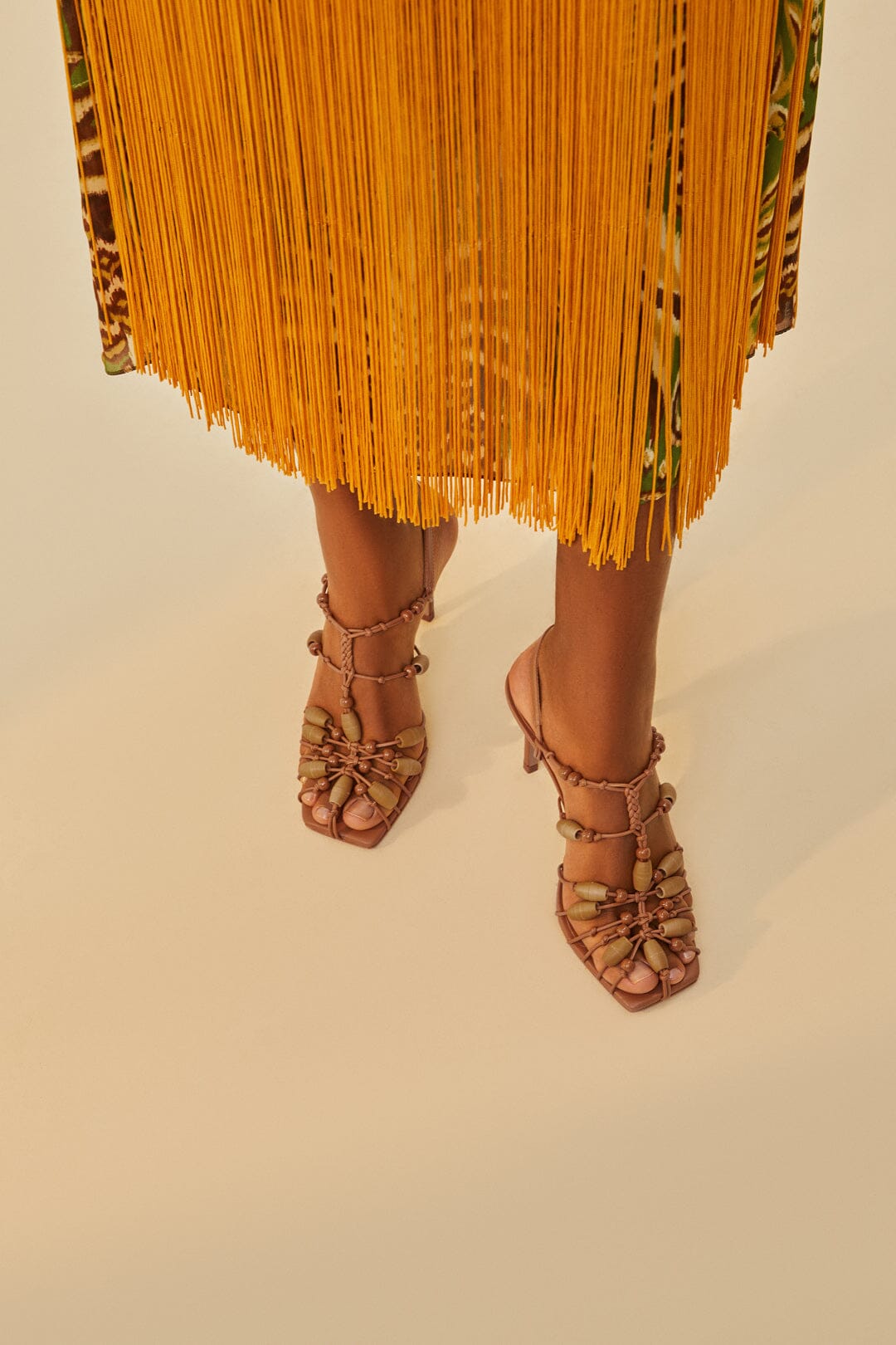 Beaded leather high-heeled sandals - Brown