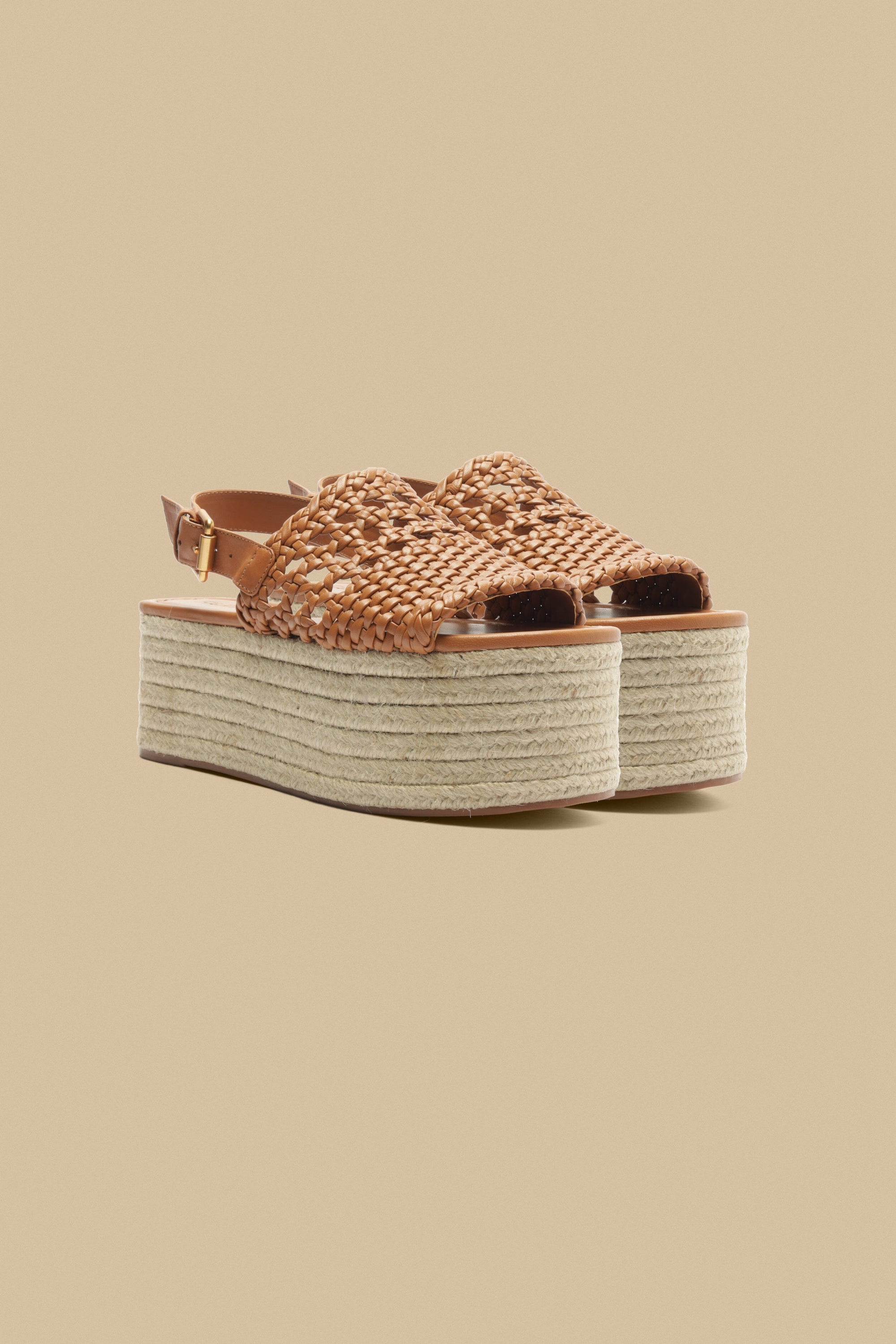 Flat sandals with braided leather fabric - Camel