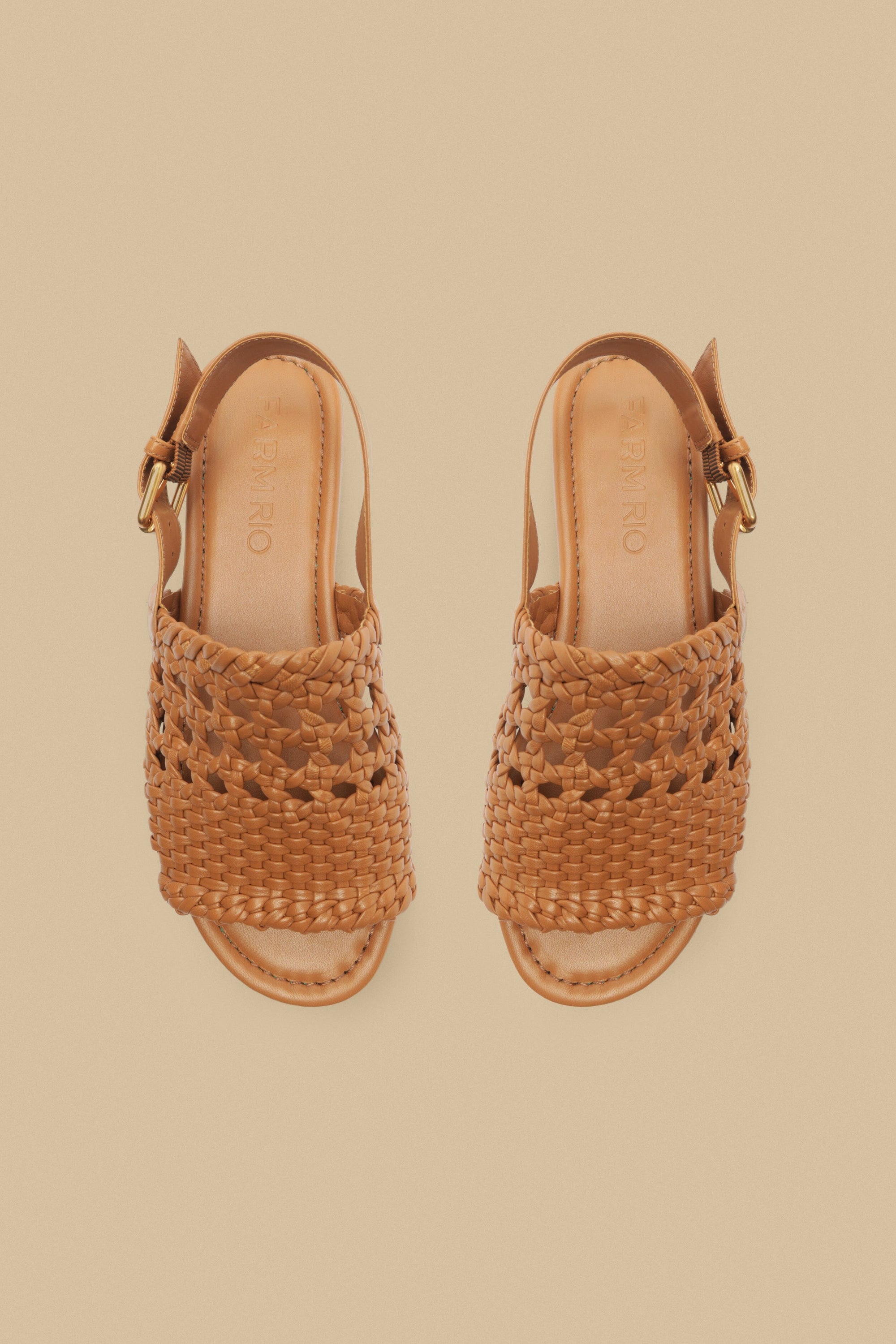 Flat sandals with braided leather fabric - Camel