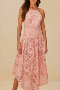 Palm Tree Eyelet strapless midi dress - Pink