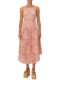 Palm Tree Eyelet strapless midi dress - Pink