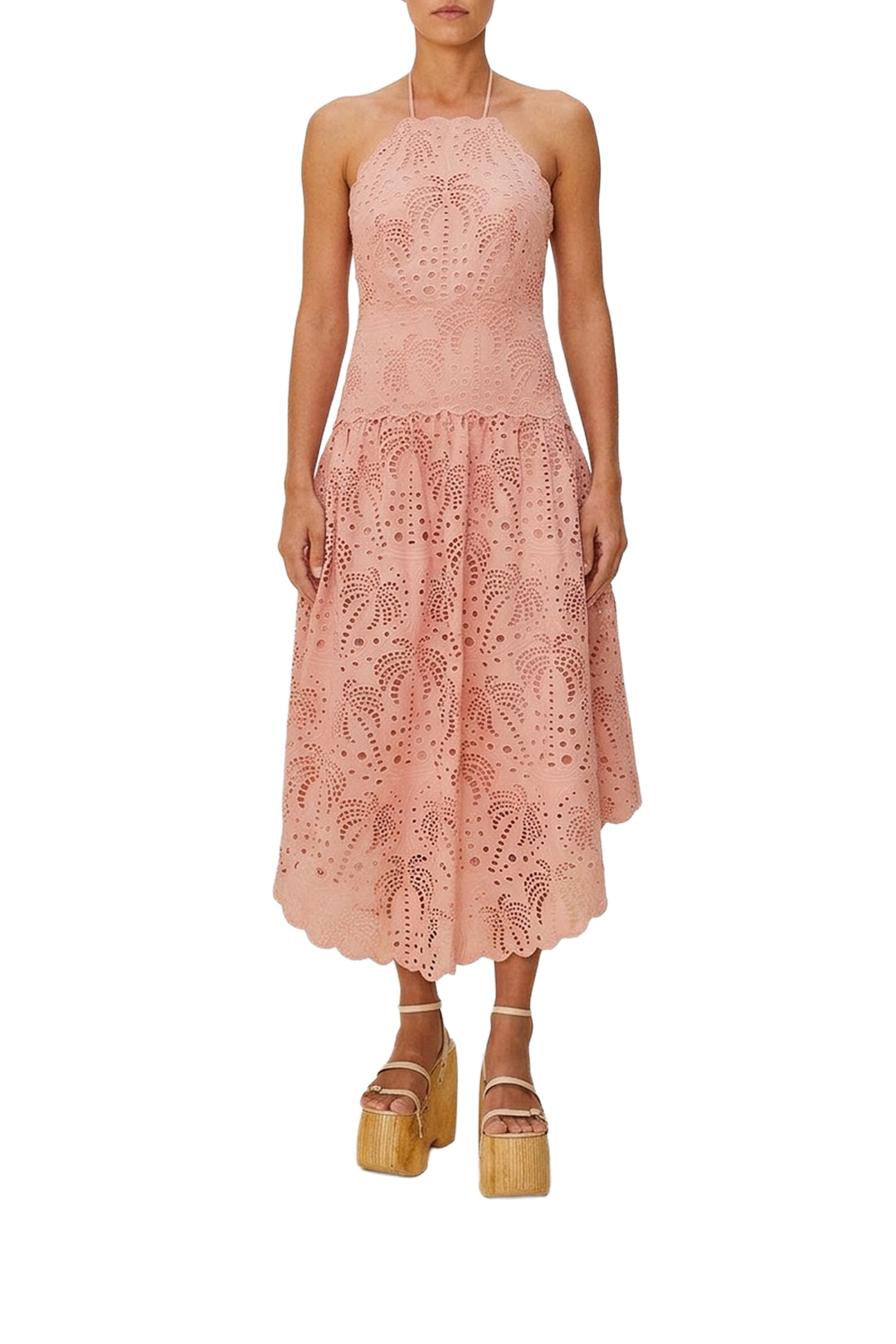 Palm Tree Eyelet strapless midi dress - Pink