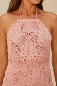 Palm Tree Eyelet strapless midi dress - Pink