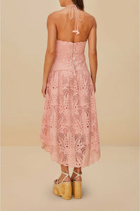 Palm Tree Eyelet strapless midi dress - Pink