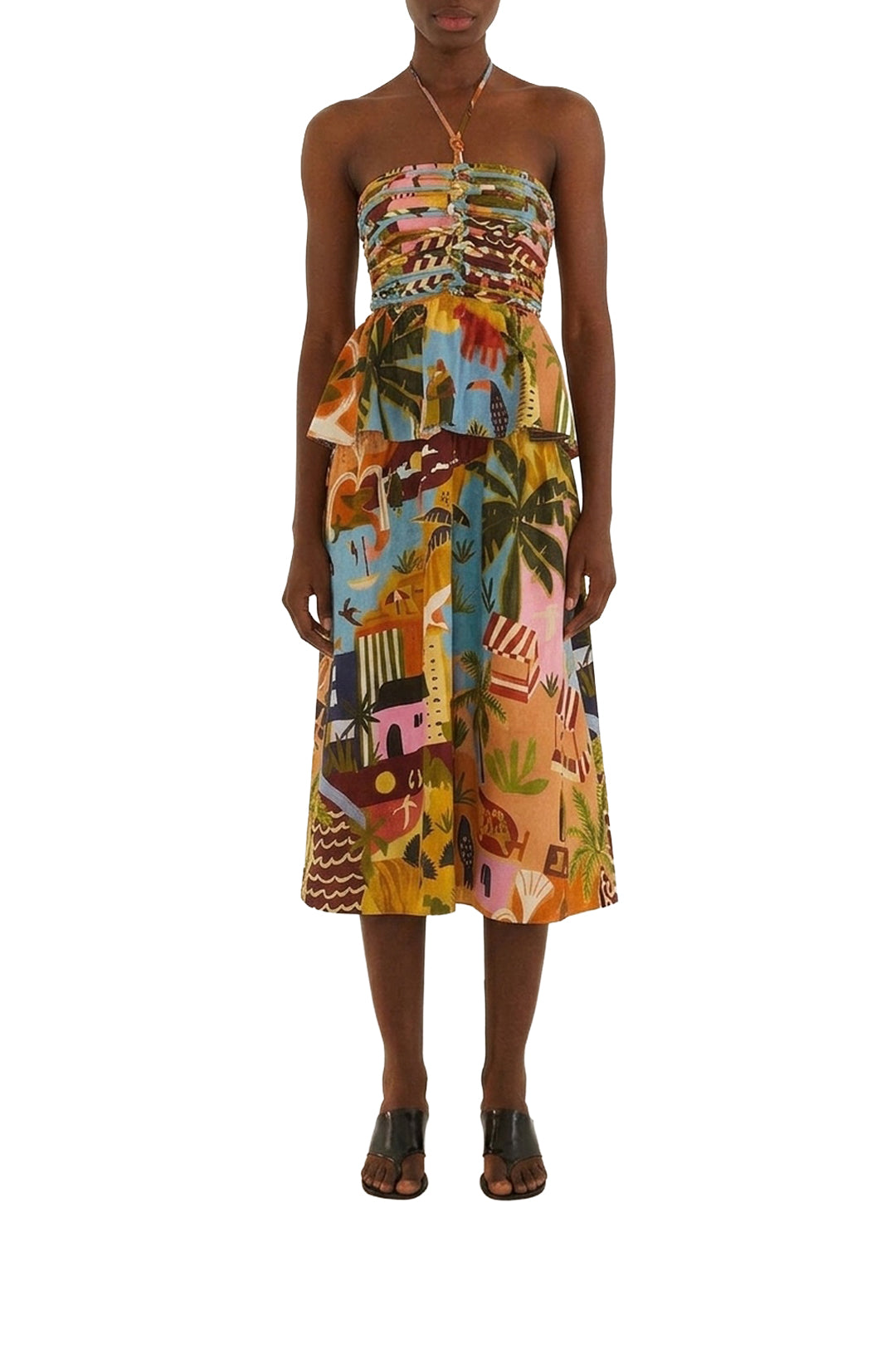 Robe midi Tropical en lin - Multicolore