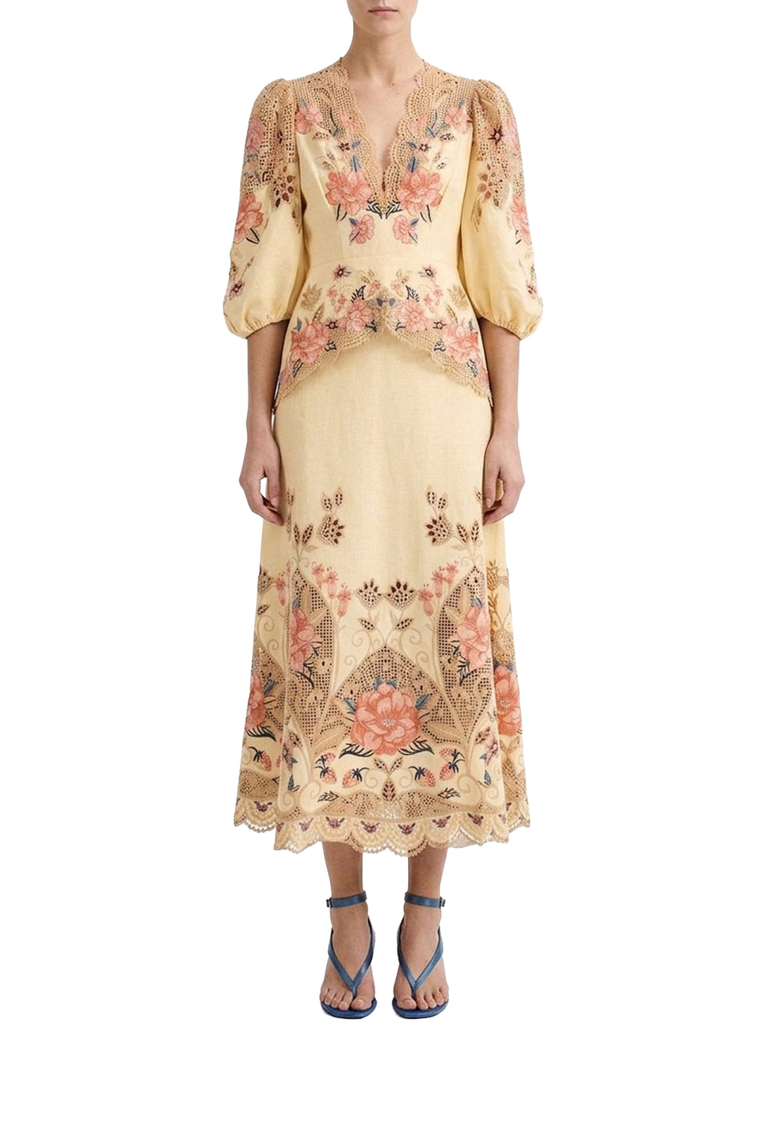 Robe midi brodée - Beige
