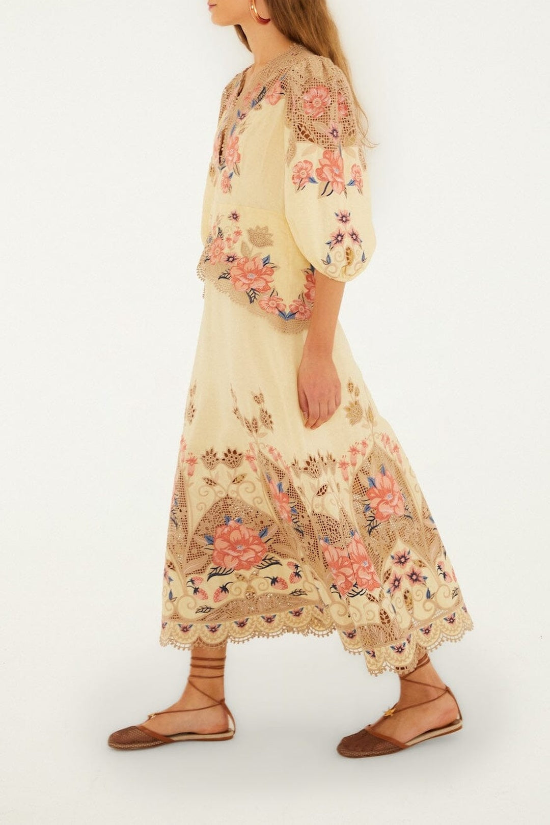 Robe midi brodée - Beige