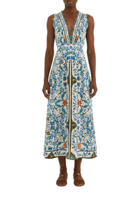 Flora Tile linen midi dress - White