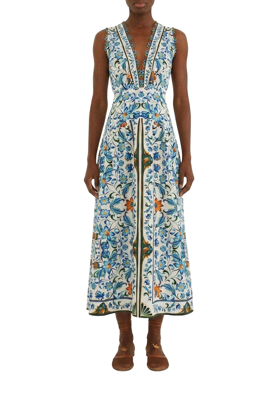 Flora Tile linen midi dress - White