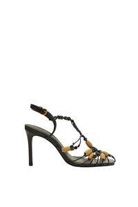 Beaded leather high-heeled sandals - Black