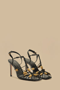 Beaded leather high-heeled sandals - Black