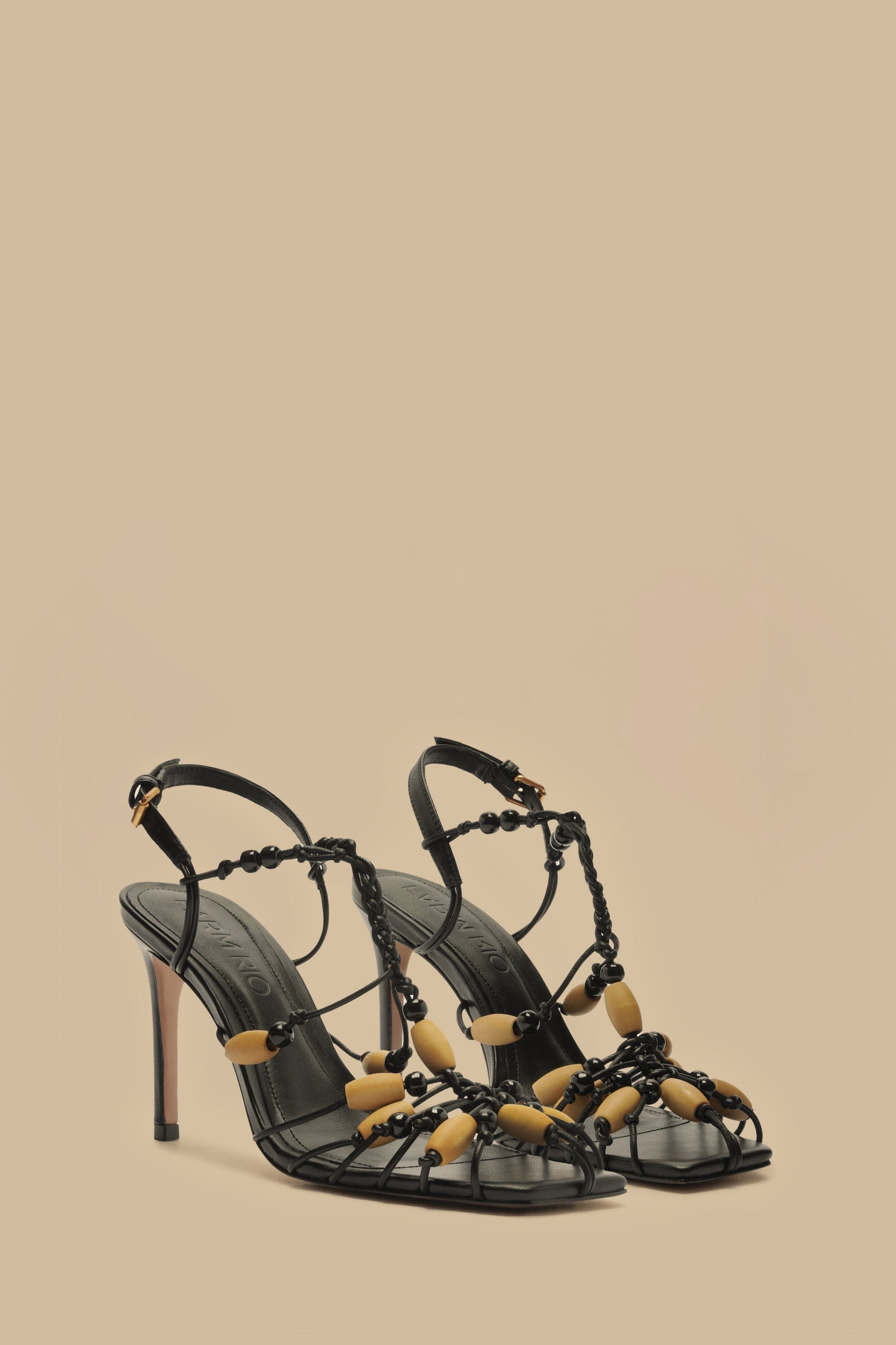 Beaded leather high-heeled sandals - Black